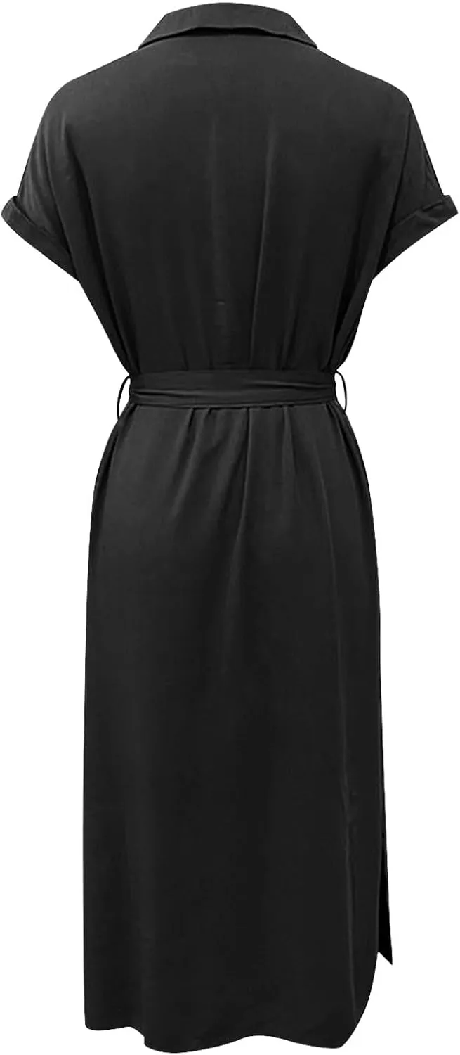Women's Summer V-Neck Collared Midi Dresses Soft Smocked Tiered Swing Dress with Belt Casual Stretch Elegant Shirt Dress