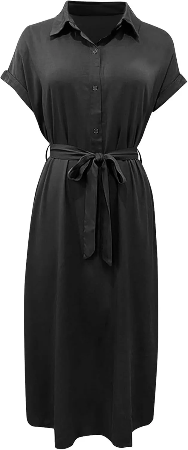 Women's Summer V-Neck Collared Midi Dresses Soft Smocked Tiered Swing Dress with Belt Casual Stretch Elegant Shirt Dress