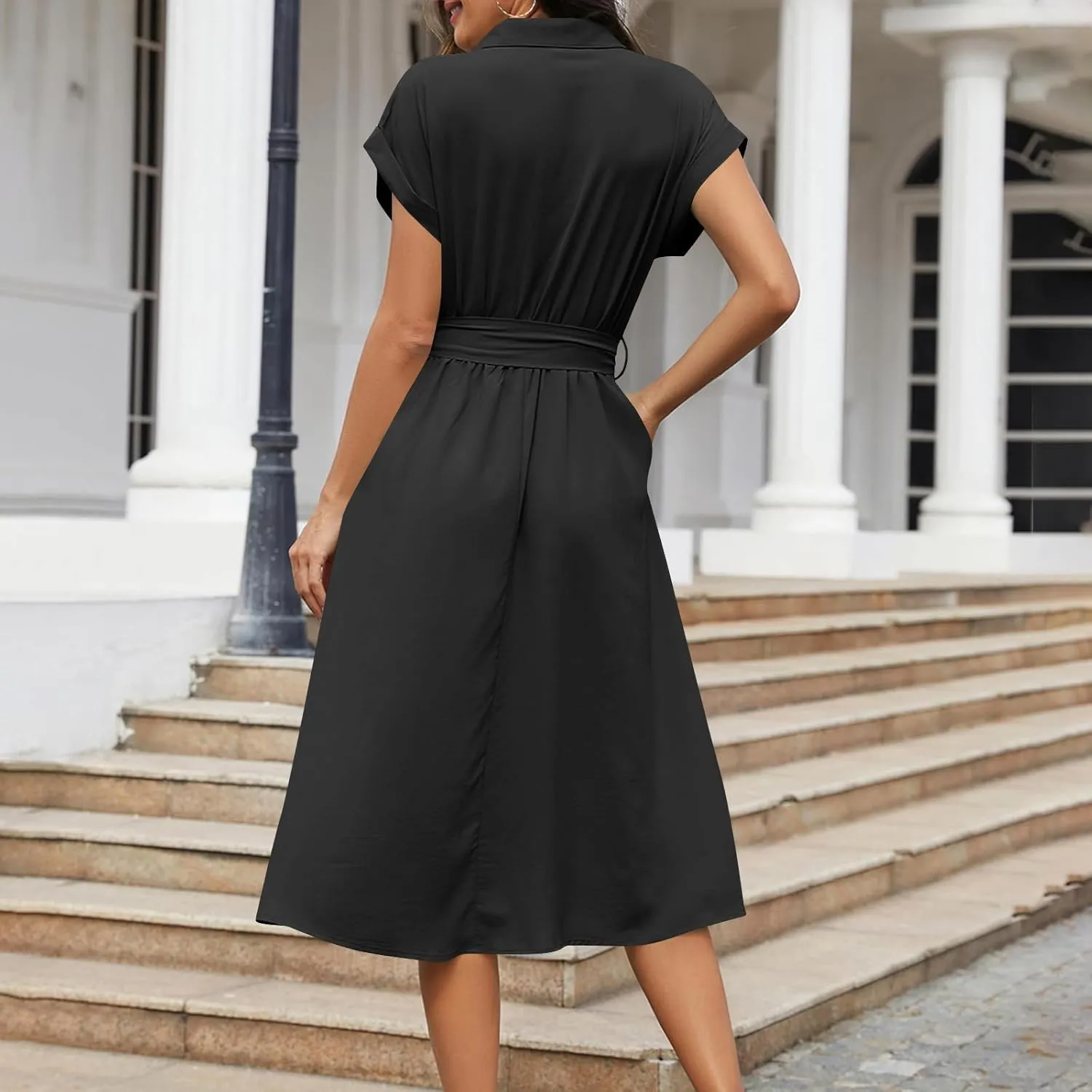 Women's Summer V-Neck Collared Midi Dresses Soft Smocked Tiered Swing Dress with Belt Casual Stretch Elegant Shirt Dress