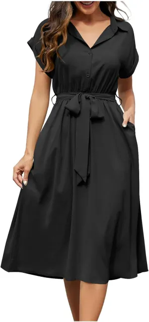 Women's Summer V-Neck Collared Midi Dresses Soft Smocked Tiered Swing Dress with Belt Casual Stretch Elegant Shirt Dress