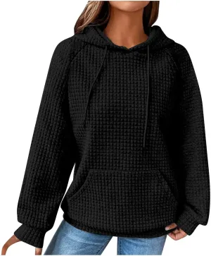 Womens Sweatshirt 2024 Casual Crewneck Long Sleeve Waffle Hoodies Loose Fit Pullover Tops Fall Shirts With Pockets