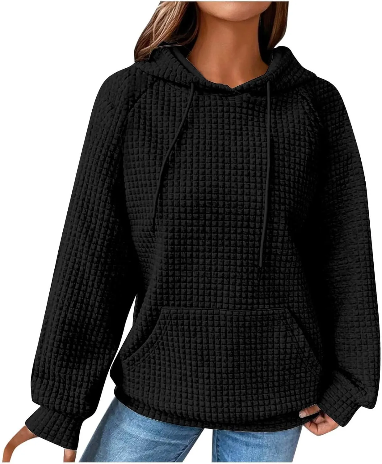 Womens Sweatshirt 2024 Casual Crewneck Long Sleeve Waffle Hoodies Loose Fit Pullover Tops Fall Shirts With Pockets