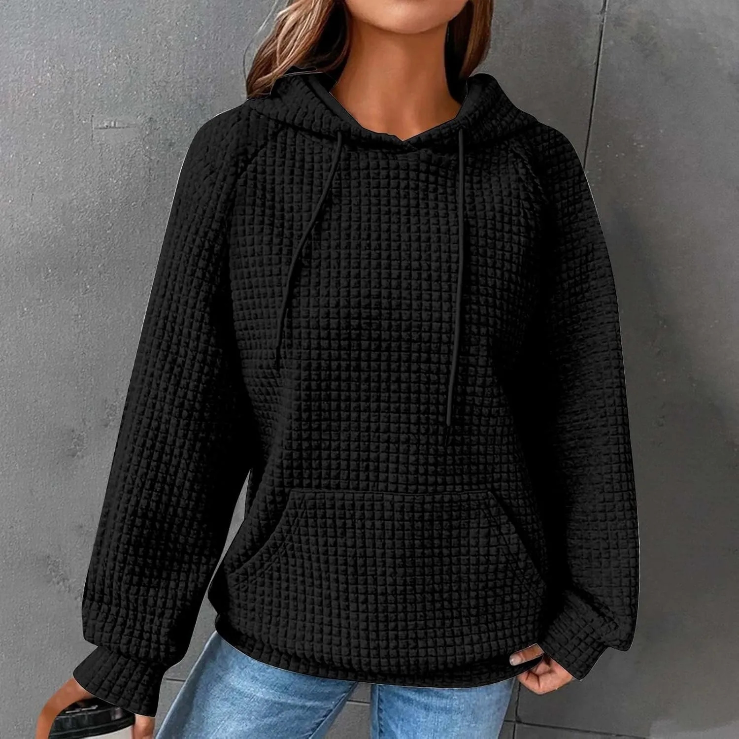 Womens Sweatshirt 2024 Casual Crewneck Long Sleeve Waffle Hoodies Loose Fit Pullover Tops Fall Shirts With Pockets