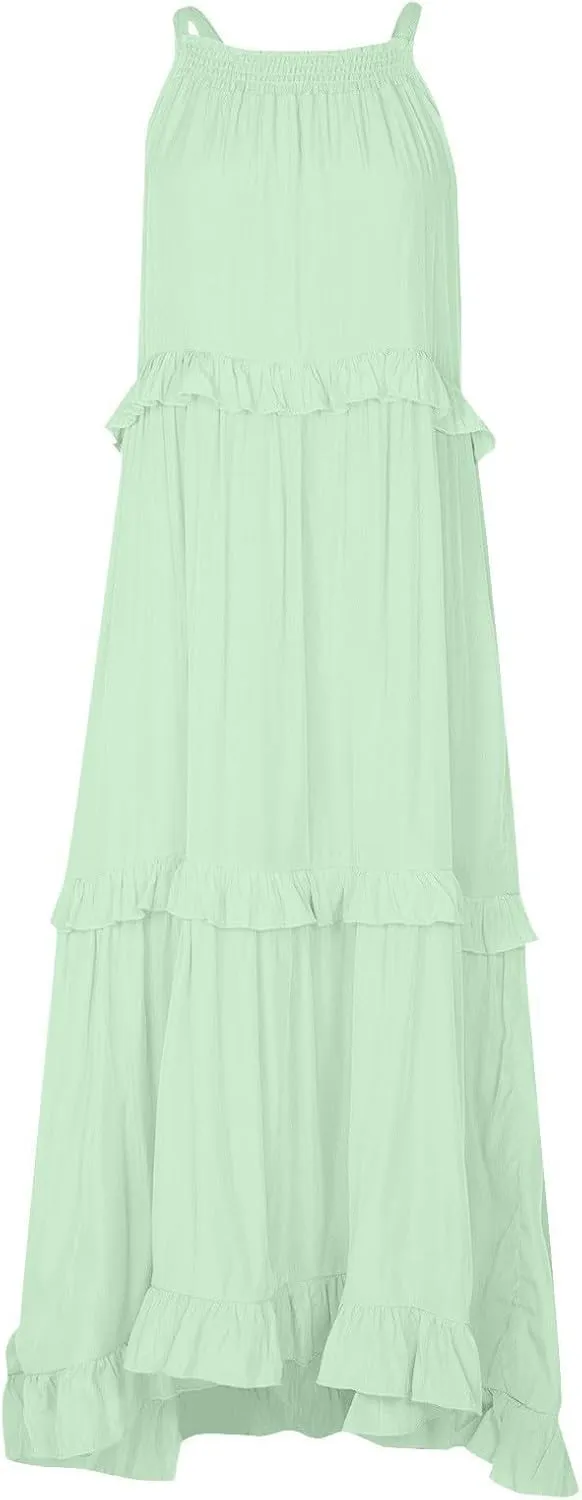 Women's Tank Dresses Cocktail Evening Party Sleeveless Sundress Flowy Swing Crewneck Ruffle Tiered Maxi Dresses