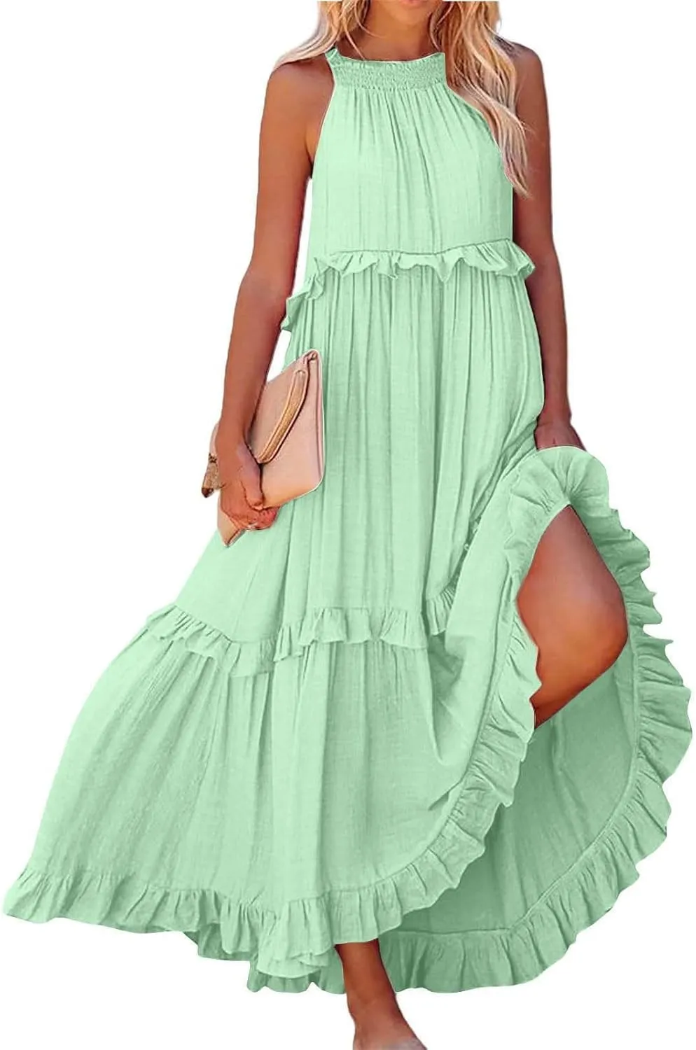Women's Tank Dresses Cocktail Evening Party Sleeveless Sundress Flowy Swing Crewneck Ruffle Tiered Maxi Dresses