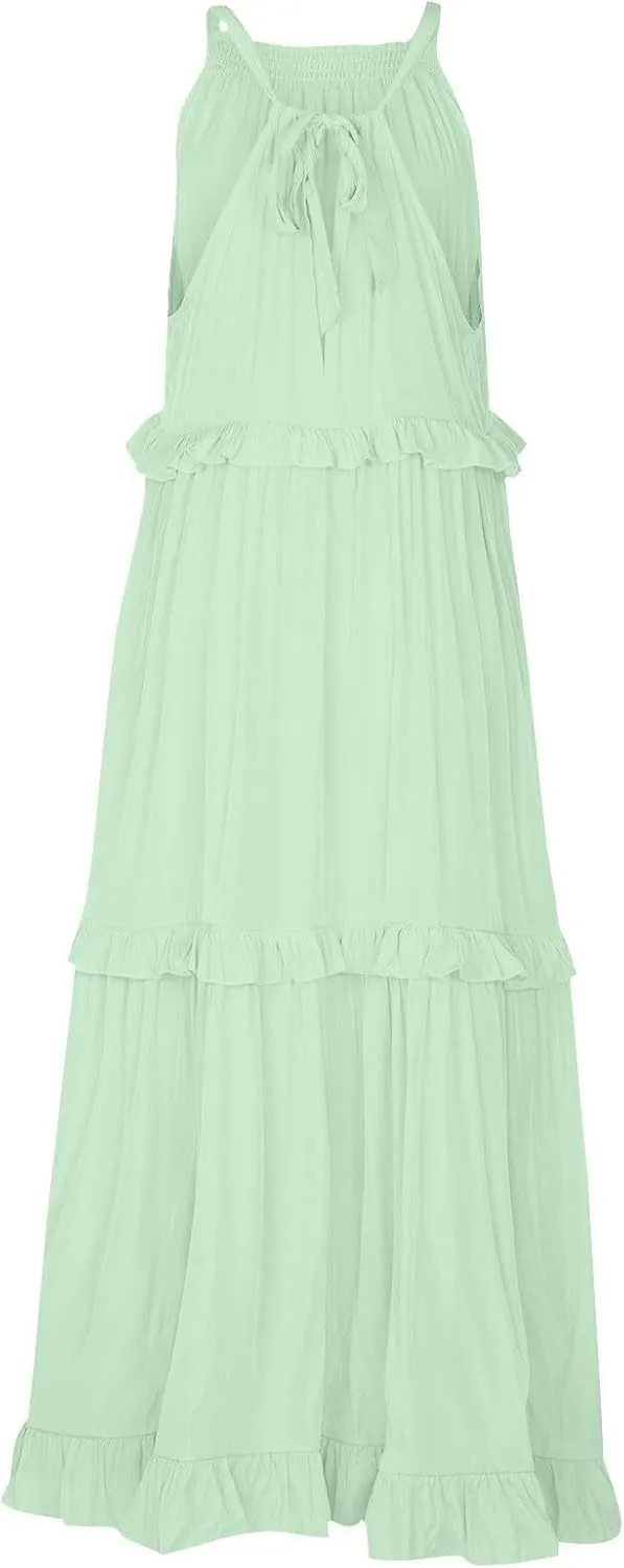 Women's Tank Dresses Cocktail Evening Party Sleeveless Sundress Flowy Swing Crewneck Ruffle Tiered Maxi Dresses