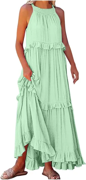 Women's Tank Dresses Cocktail Evening Party Sleeveless Sundress Flowy Swing Crewneck Ruffle Tiered Maxi Dresses