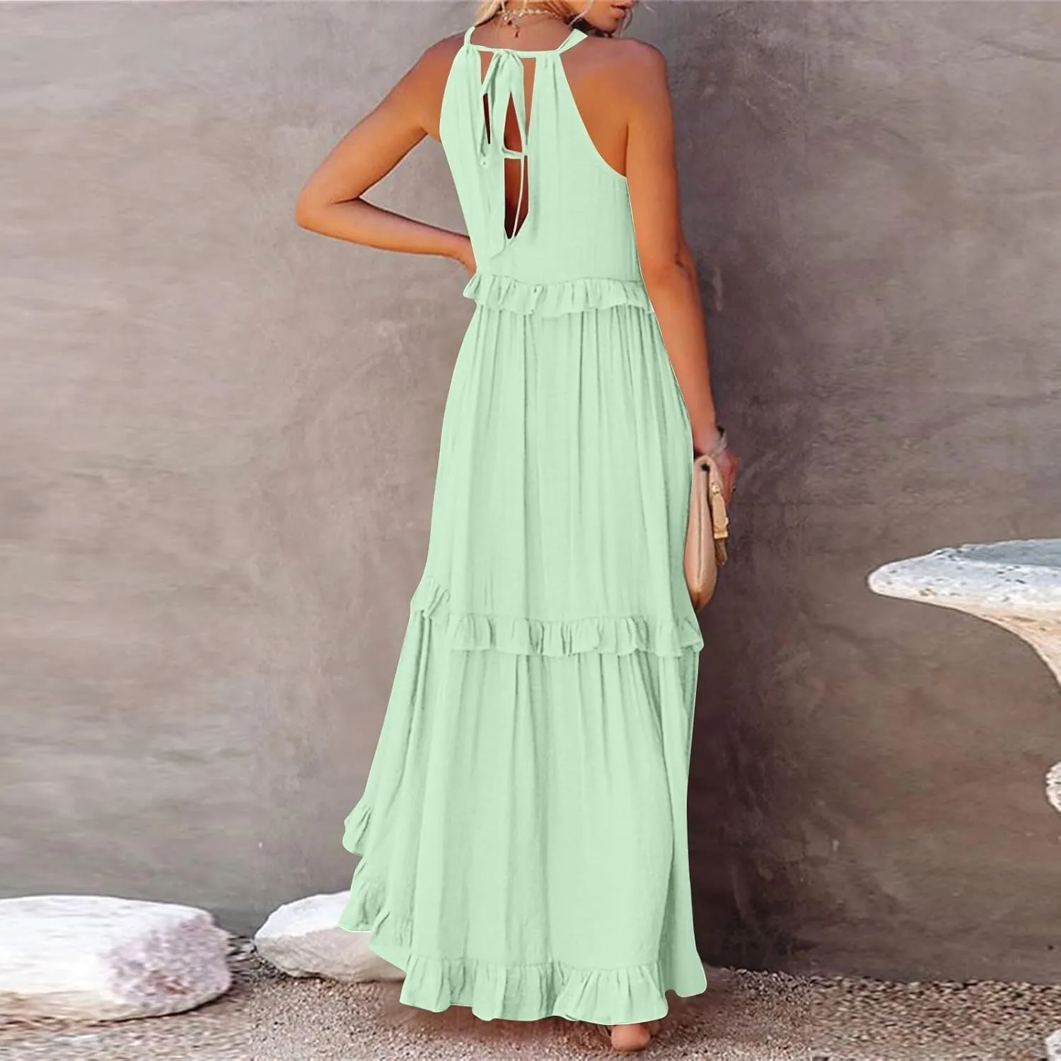 Women's Tank Dresses Cocktail Evening Party Sleeveless Sundress Flowy Swing Crewneck Ruffle Tiered Maxi Dresses