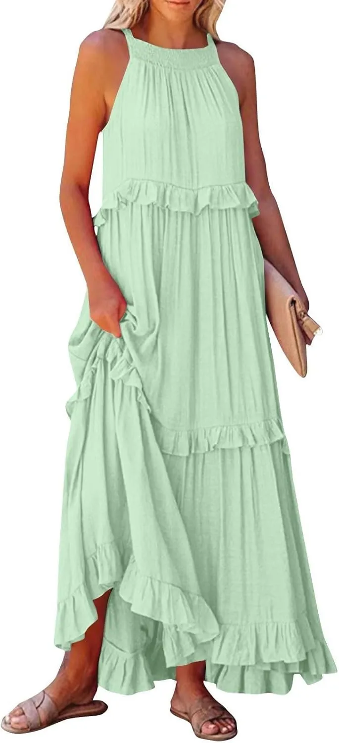 Women's Tank Dresses Cocktail Evening Party Sleeveless Sundress Flowy Swing Crewneck Ruffle Tiered Maxi Dresses