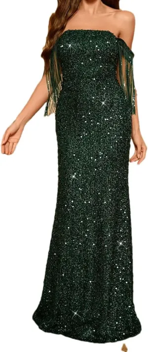 Women's Tassel Sequin Sleeve Tassel Floor-Length Dresses Formal Party Dress