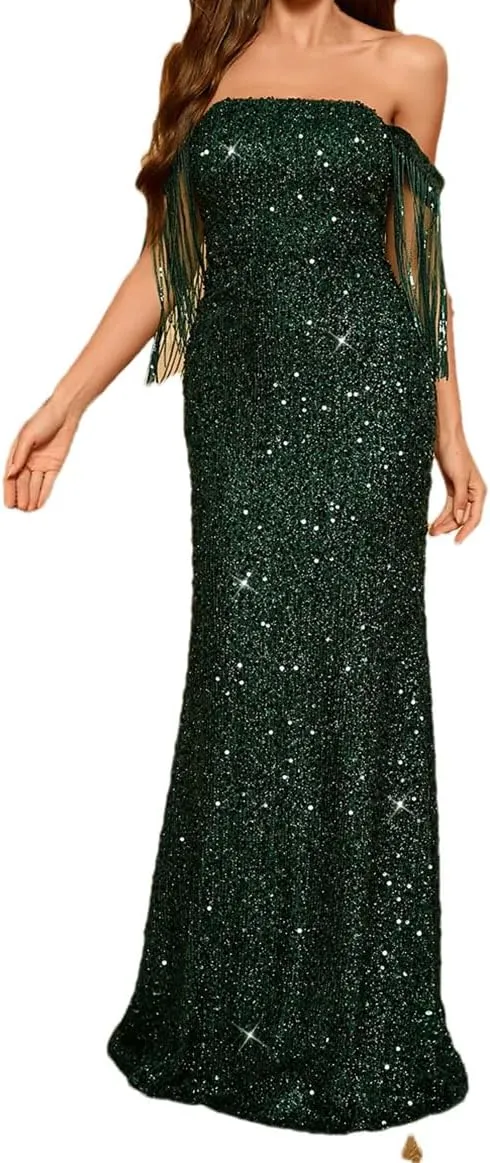 Women's Tassel Sequin Sleeve Tassel Floor-Length Dresses Formal Party Dress