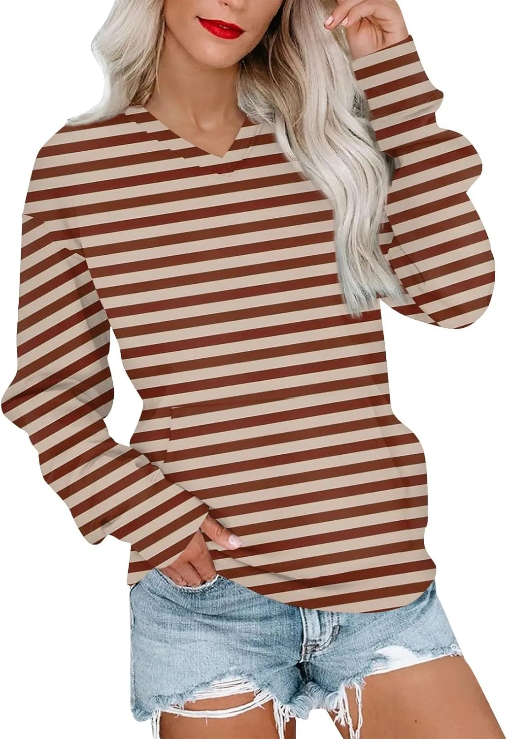 Womens Tops Trendy Striped V-Neck Sweatshirts Casual Long Sleeve Shirts Lightweight Pullover With Pockets