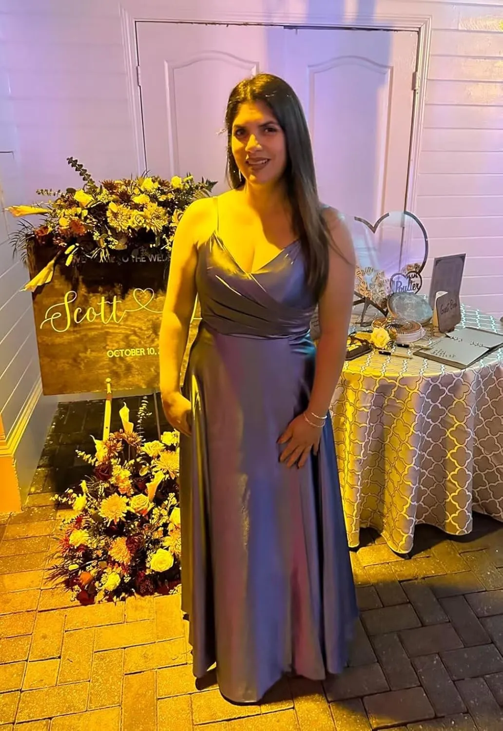 Women's V-Neck Satin Bridesmaid Dresses Long Spaghetti Strap Corset Prom Formal Dress with Slit