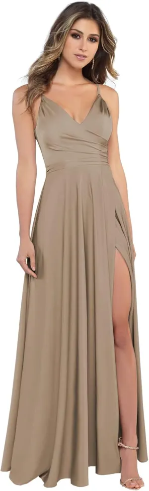 Women's V-Neck Satin Bridesmaid Dresses Long Spaghetti Strap Corset Prom Formal Dress with Slit