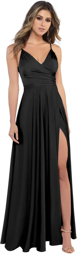 Women's V-Neck Satin Bridesmaid Dresses Long Spaghetti Strap Corset Prom Formal Dress with Slit
