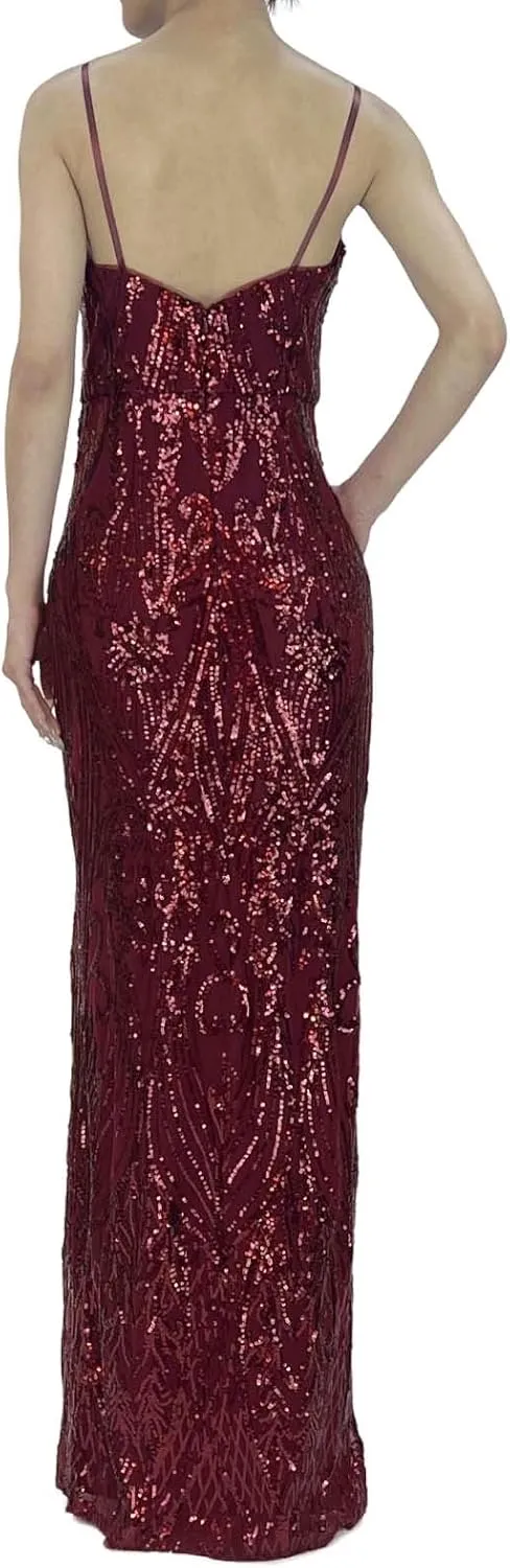 Women's V Neck Sequin Spaghetti Straps Sleeveless Sparkly Glitter Slit A Line Cocktail Party Club Long Evening Gown