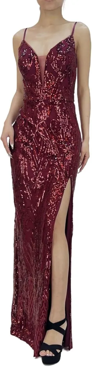 Women's V Neck Sequin Spaghetti Straps Sleeveless Sparkly Glitter Slit A Line Cocktail Party Club Long Evening Gown