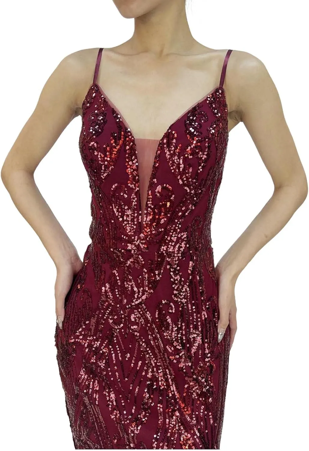 Women's V Neck Sequin Spaghetti Straps Sleeveless Sparkly Glitter Slit A Line Cocktail Party Club Long Evening Gown
