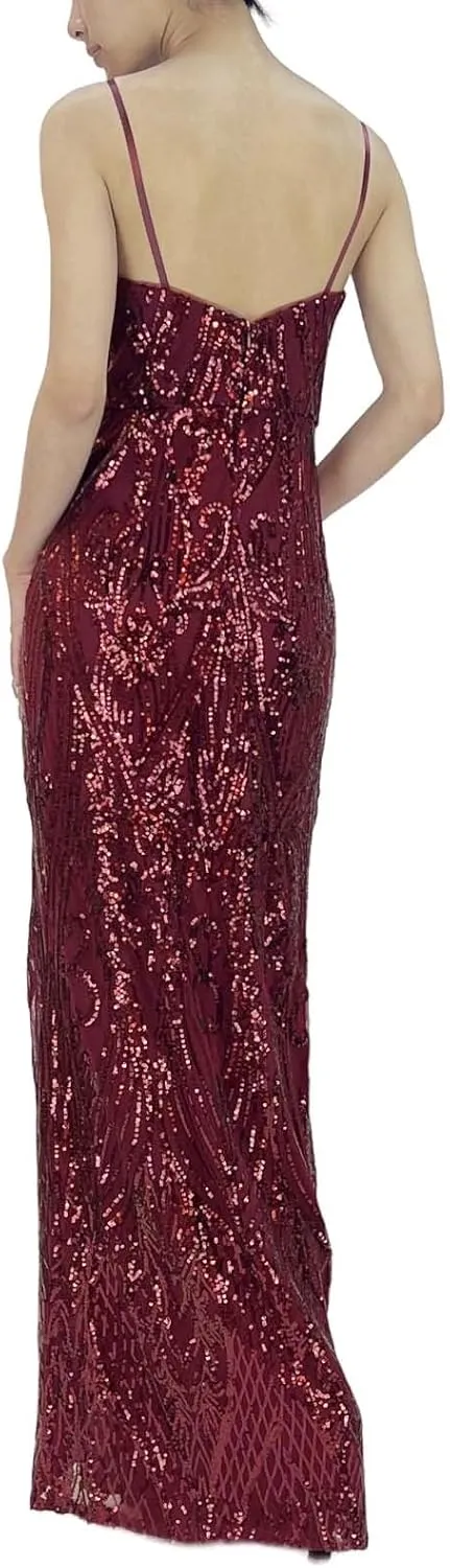 Women's V Neck Sequin Spaghetti Straps Sleeveless Sparkly Glitter Slit A Line Cocktail Party Club Long Evening Gown