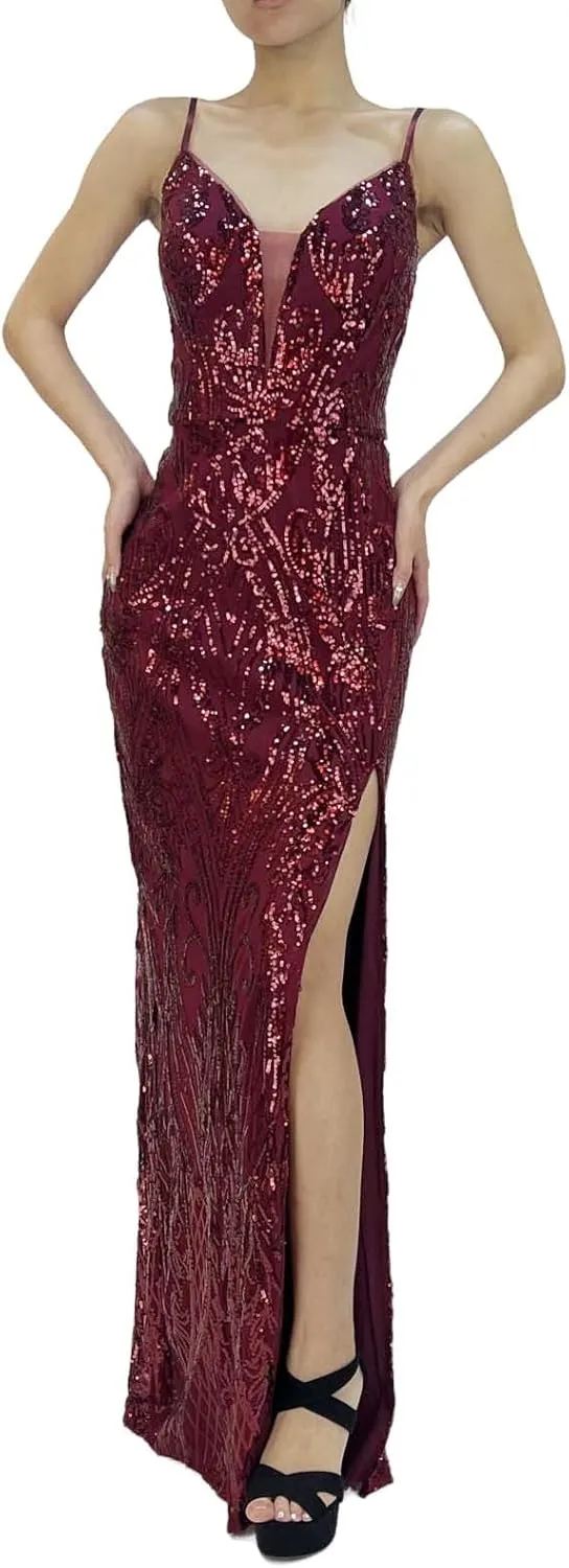 Women's V Neck Sequin Spaghetti Straps Sleeveless Sparkly Glitter Slit A Line Cocktail Party Club Long Evening Gown
