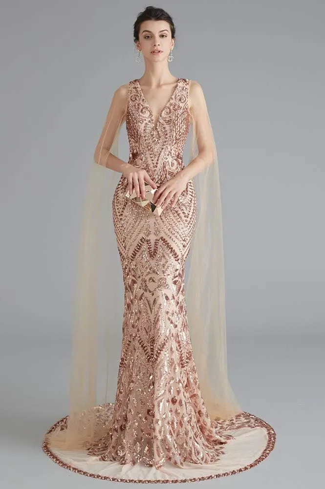 Women's V-Neck Sequins Mermaid Evening Dress with Sheer Sleeves