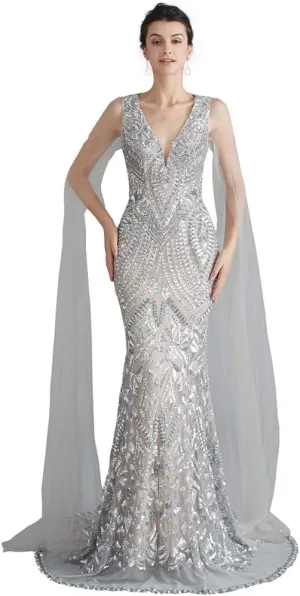 Women's V-Neck Sequins Mermaid Evening Dress with Sheer Sleeves