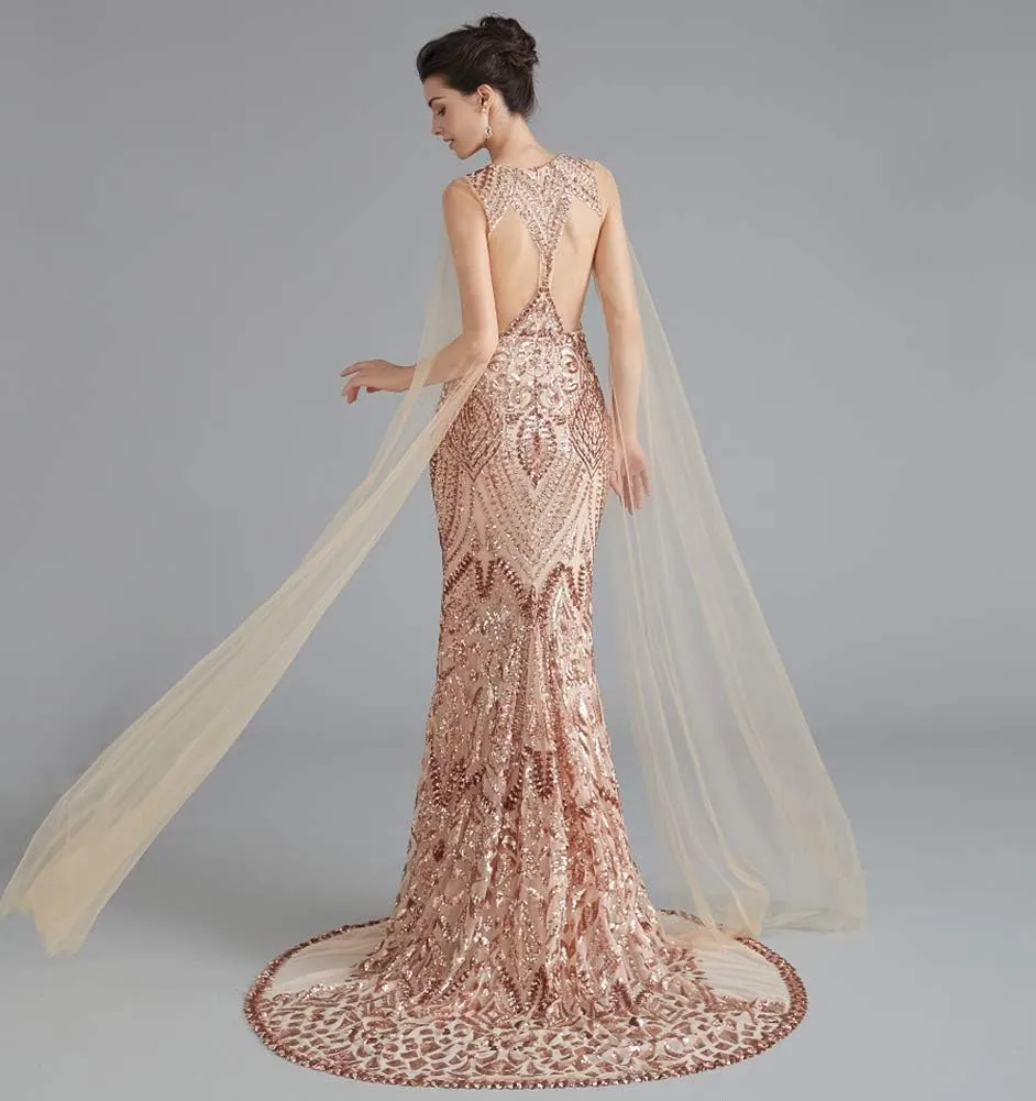 Women's V-Neck Sequins Mermaid Evening Dress with Sheer Sleeves