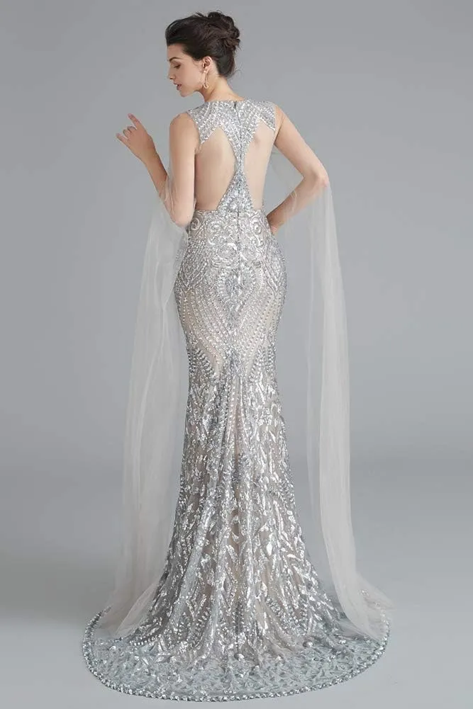 Women's V-Neck Sequins Mermaid Evening Dress with Sheer Sleeves