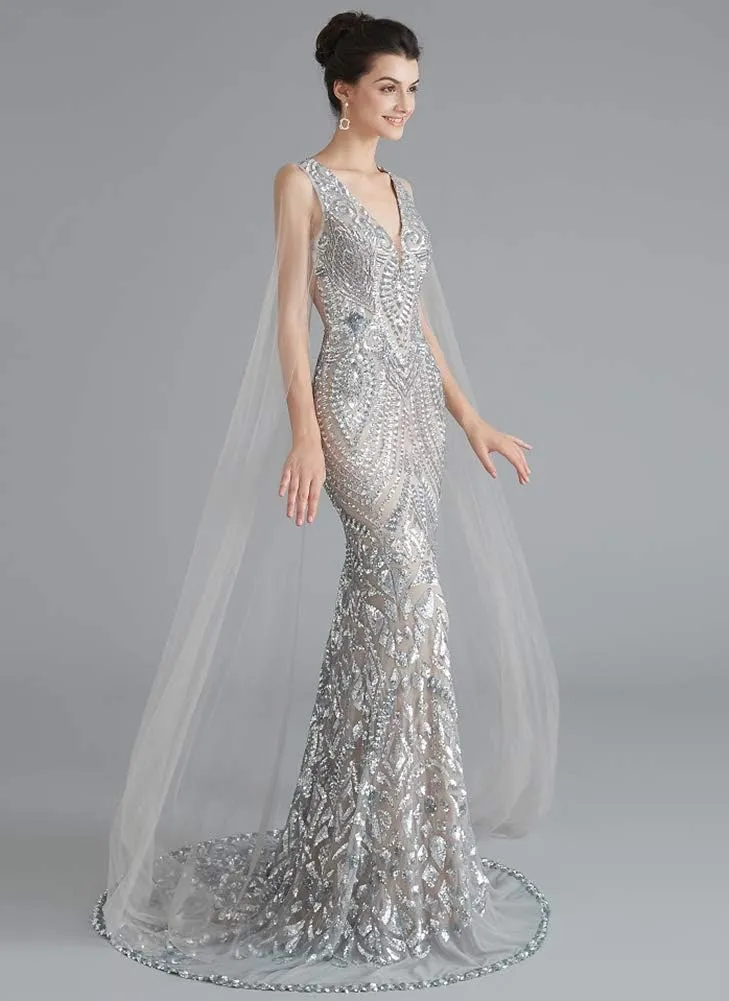 Women's V-Neck Sequins Mermaid Evening Dress with Sheer Sleeves