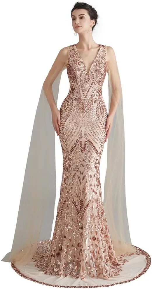 Women's V-Neck Sequins Mermaid Evening Dress with Sheer Sleeves