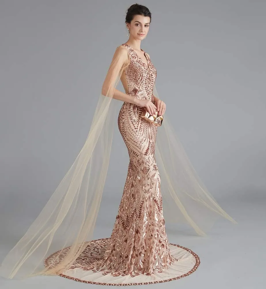 Women's V-Neck Sequins Mermaid Evening Dress with Sheer Sleeves