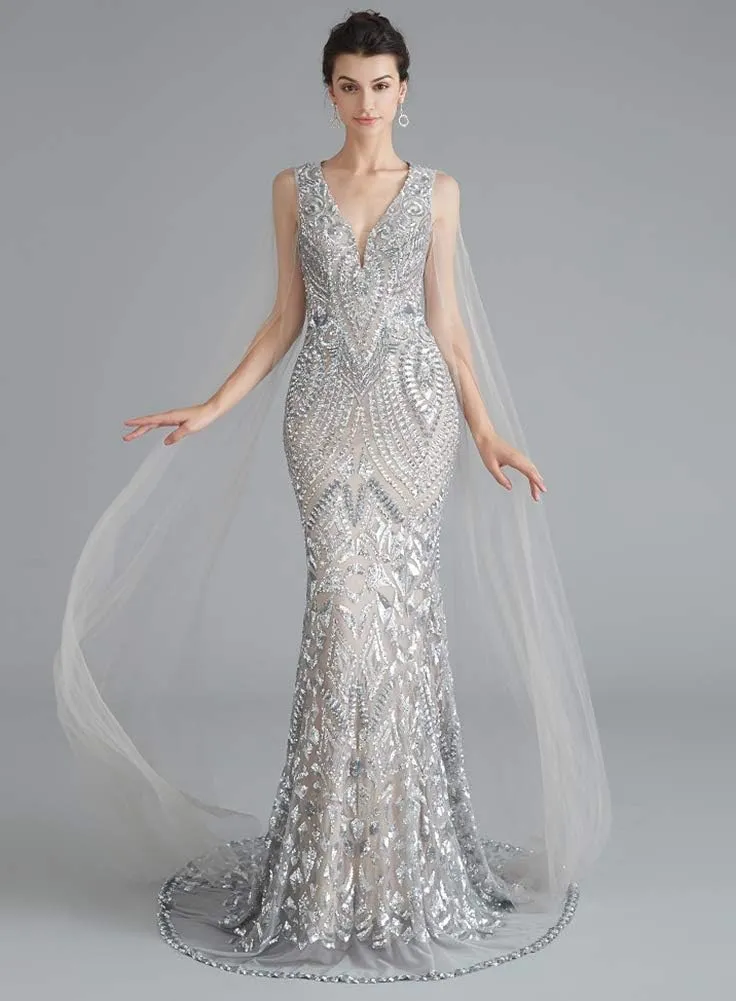 Women's V-Neck Sequins Mermaid Evening Dress with Sheer Sleeves