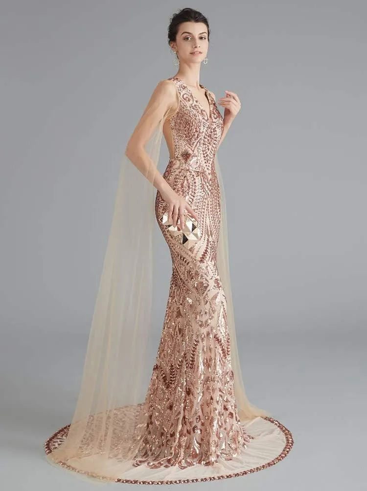 Women's V-Neck Sequins Mermaid Evening Dress with Sheer Sleeves