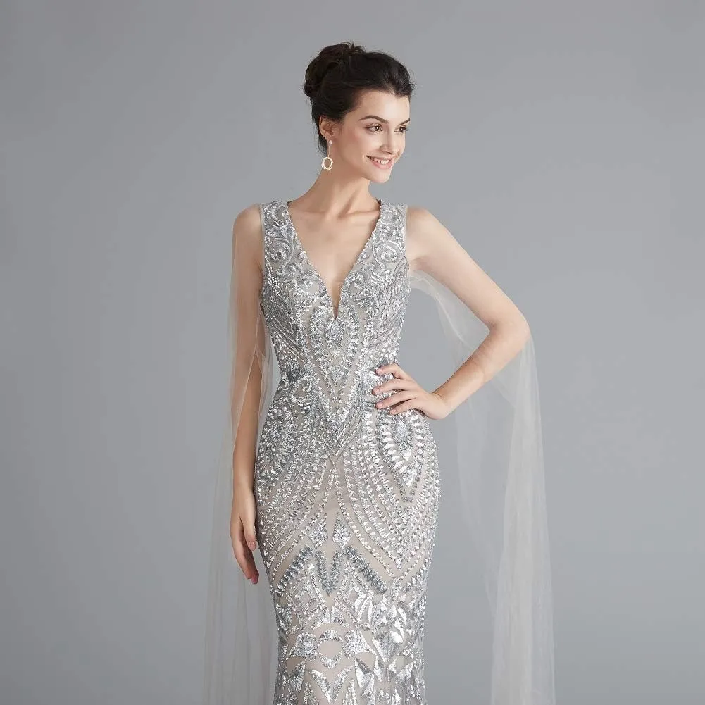 Women's V-Neck Sequins Mermaid Evening Dress with Sheer Sleeves
