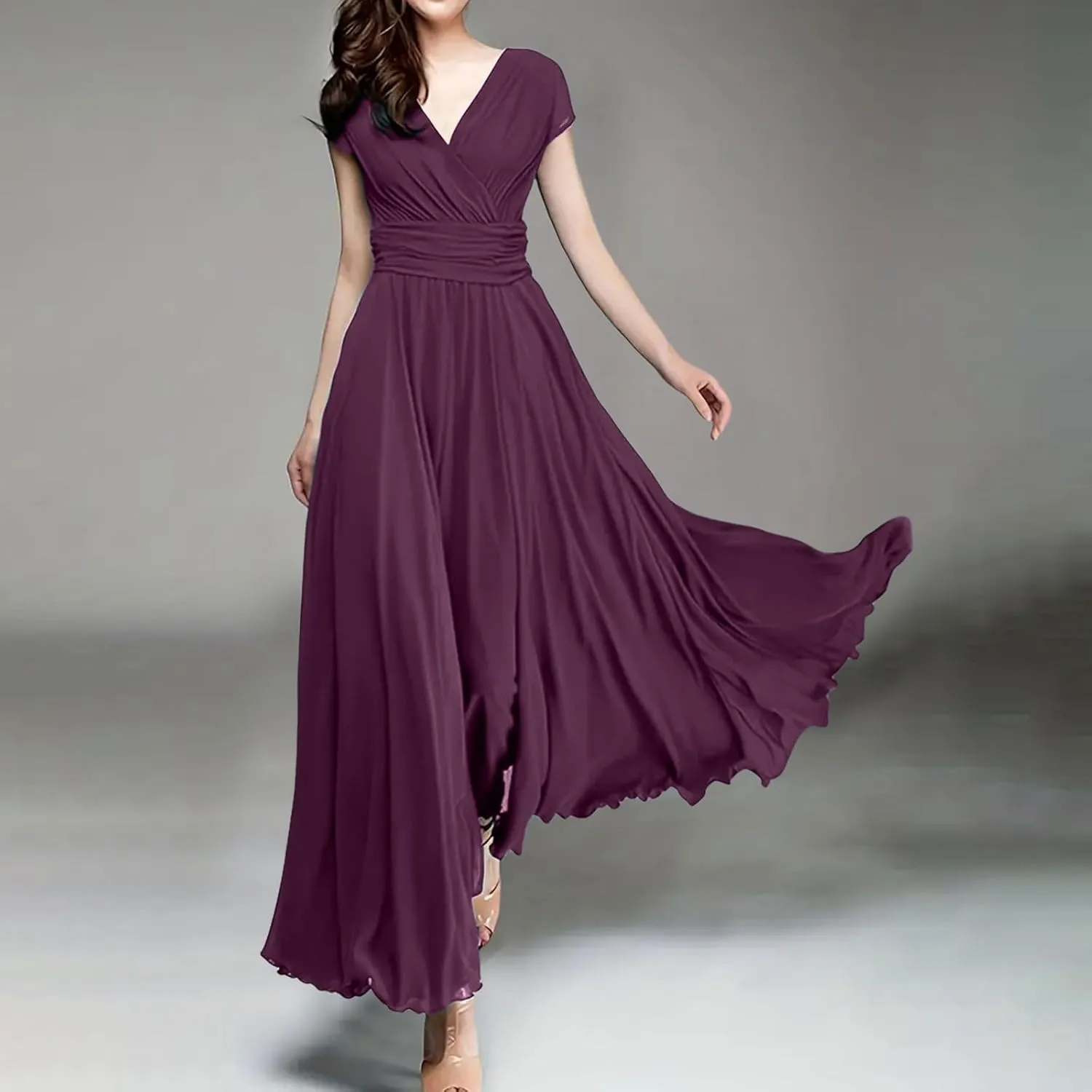 Women's V-Neck Solid Color Short Sleeve Chiffon Waist Closing Evening Misses Floral Dresses Front Cross Sexy Dress