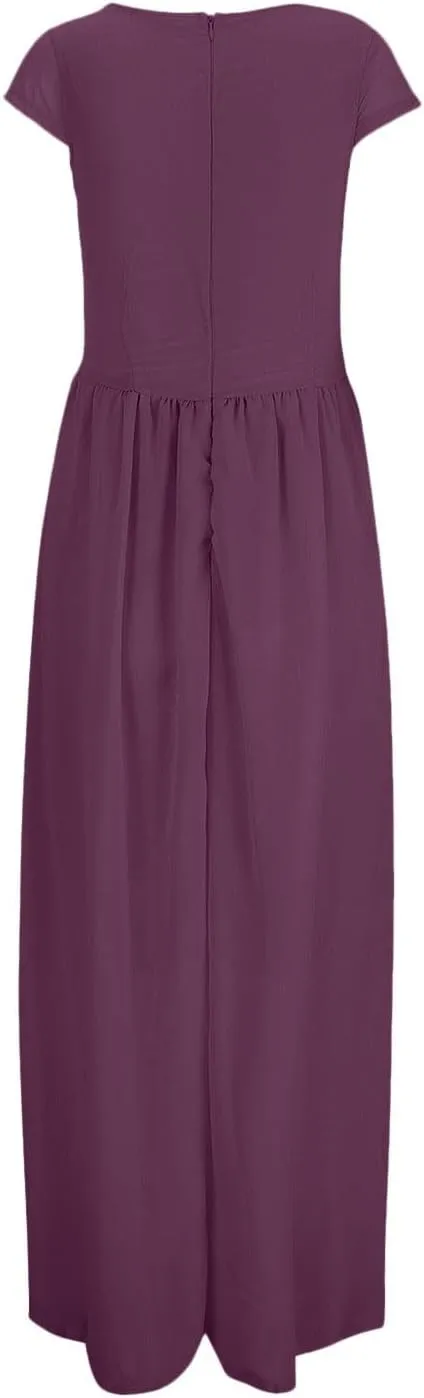 Women's V-Neck Solid Color Short Sleeve Chiffon Waist Closing Evening Misses Floral Dresses Front Cross Sexy Dress