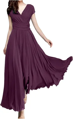 Women's V-Neck Solid Color Short Sleeve Chiffon Waist Closing Evening Misses Floral Dresses Front Cross Sexy Dress