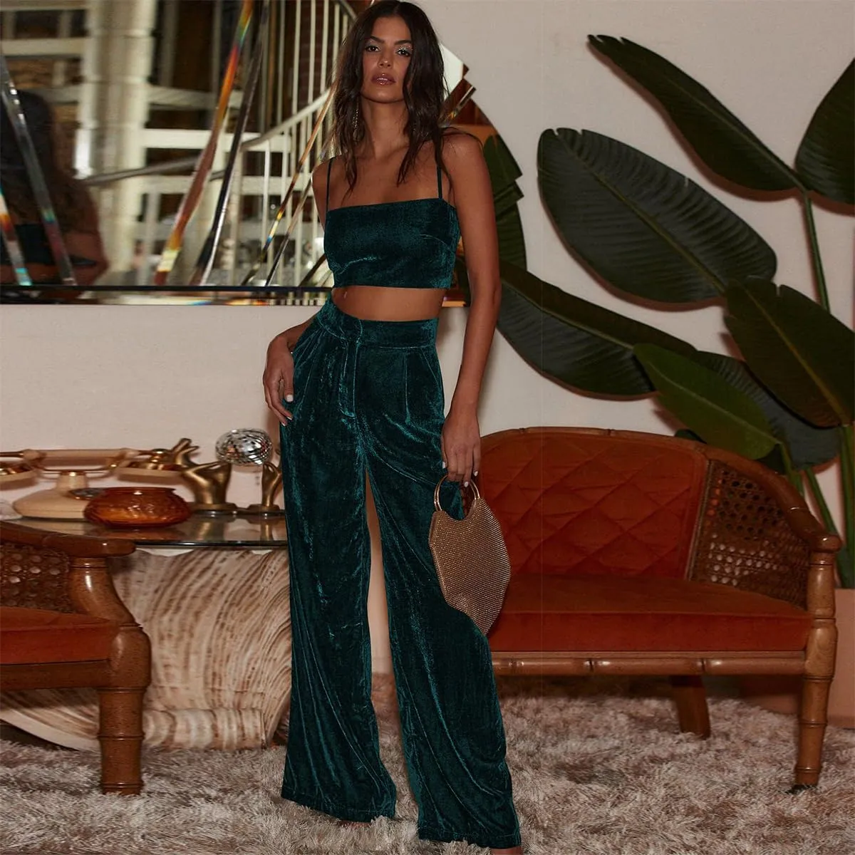 Women's Velvet High Waist Wide Leg Pants Casual Baggy Pants for Fall Winter