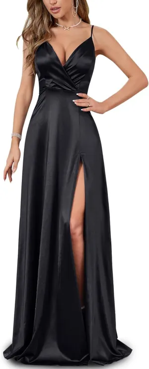Women's Vintage 1950's Surplice V Neck Split Thigh Evening Party Formal Dress
