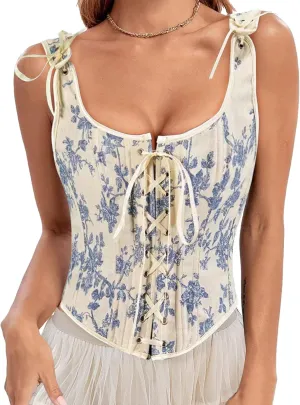 Women's Vintage Floral Renaissance Corset Top for Women Y2k Sleeveless Drawstring Floral Flower Embroidered Top