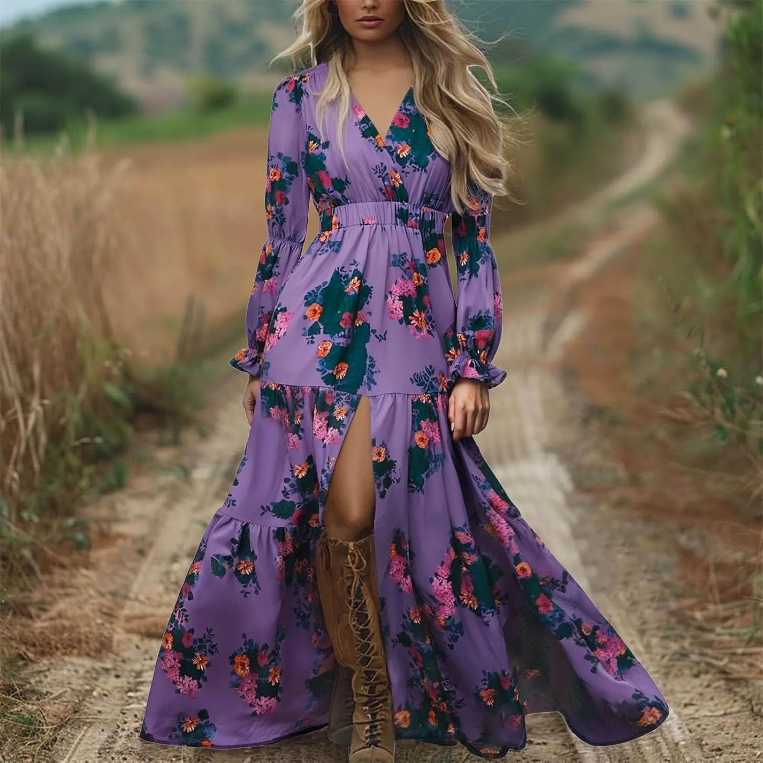 Women's Vintage Pastoral Flower Long Dress Sexy V-Neck Long Sleeve Chiffon Western Country Dresses Fall Sexy Maxi Dress