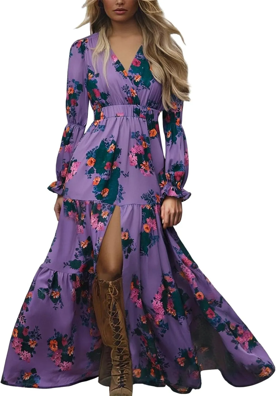 Women's Vintage Pastoral Flower Long Dress Sexy V-Neck Long Sleeve Chiffon Western Country Dresses Fall Sexy Maxi Dress