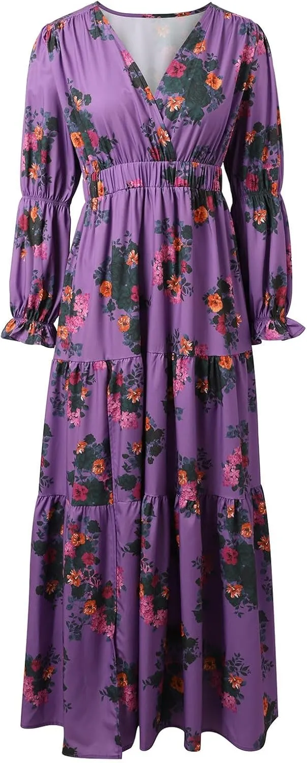 Women's Vintage Pastoral Flower Long Dress Sexy V-Neck Long Sleeve Chiffon Western Country Dresses Fall Sexy Maxi Dress