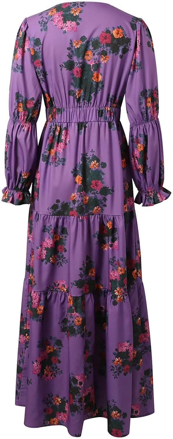 Women's Vintage Pastoral Flower Long Dress Sexy V-Neck Long Sleeve Chiffon Western Country Dresses Fall Sexy Maxi Dress