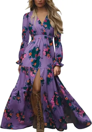 Women's Vintage Pastoral Flower Long Dress Sexy V-Neck Long Sleeve Chiffon Western Country Dresses Fall Sexy Maxi Dress
