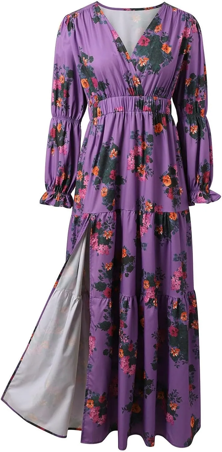 Women's Vintage Pastoral Flower Long Dress Sexy V-Neck Long Sleeve Chiffon Western Country Dresses Fall Sexy Maxi Dress