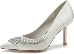 Women's Wedding Shoes Closed Toe High Heels Crystal Satin Court Shoes for Party & Evening