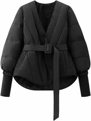 Women's Winter Long Sleeve Waist Cinched Jacket V-Neck Baggy Short Coats with Pockets