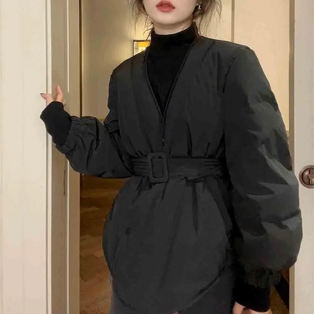 Women's Winter Long Sleeve Waist Cinched Jacket V-Neck Baggy Short Coats with Pockets