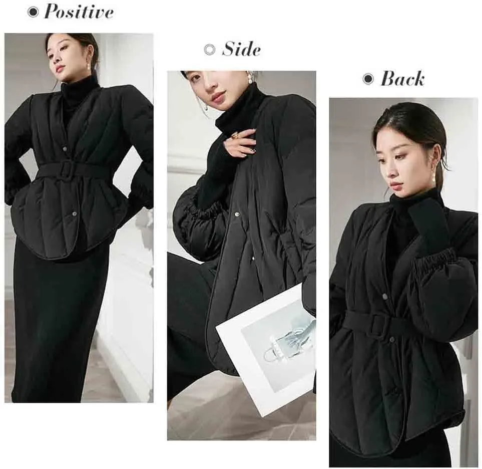 Women's Winter Long Sleeve Waist Cinched Jacket V-Neck Baggy Short Coats with Pockets